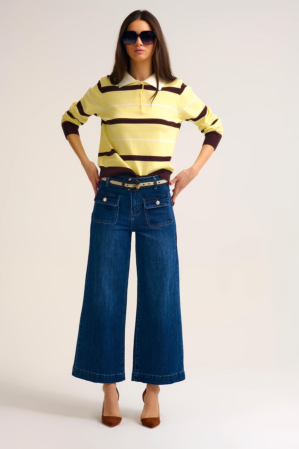 Striped Knit Polo Sweater in yellow with white Collar