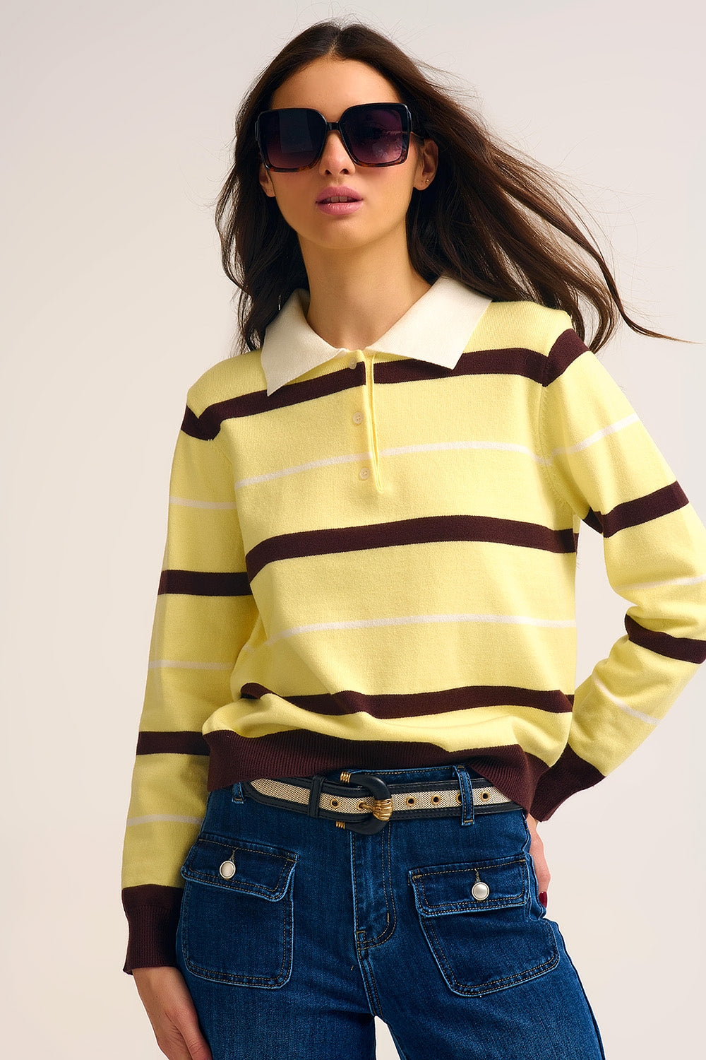 Striped Knit Polo Sweater in yellow with white Collar