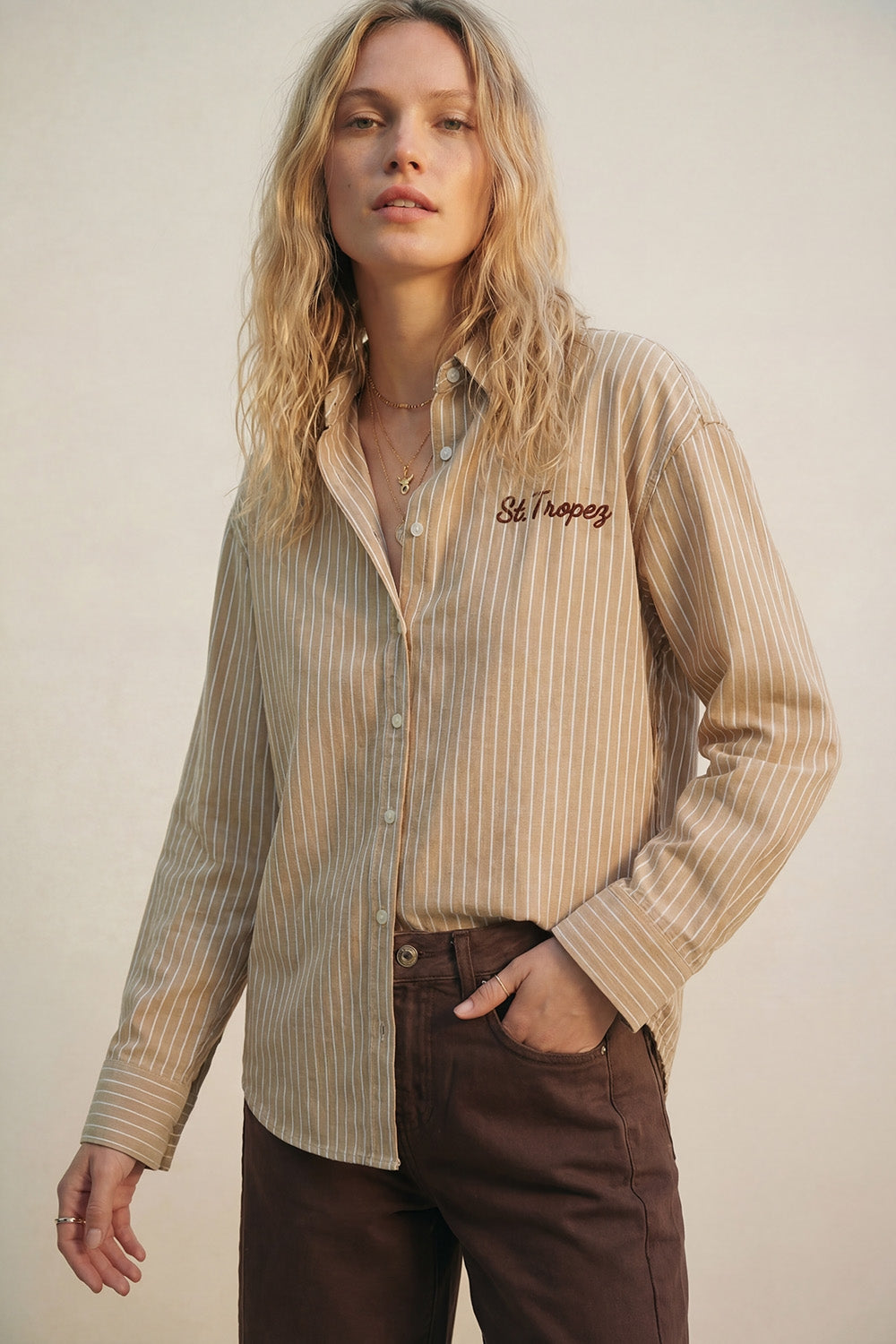 Striped Oxford beige Shirt with Front and Back Embroidered St. Tropez