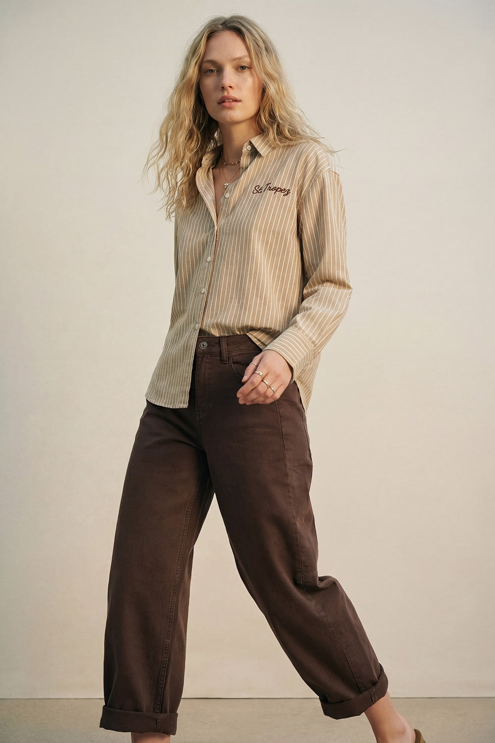 Striped Oxford beige Shirt with Front and Back Embroidered St. Tropez