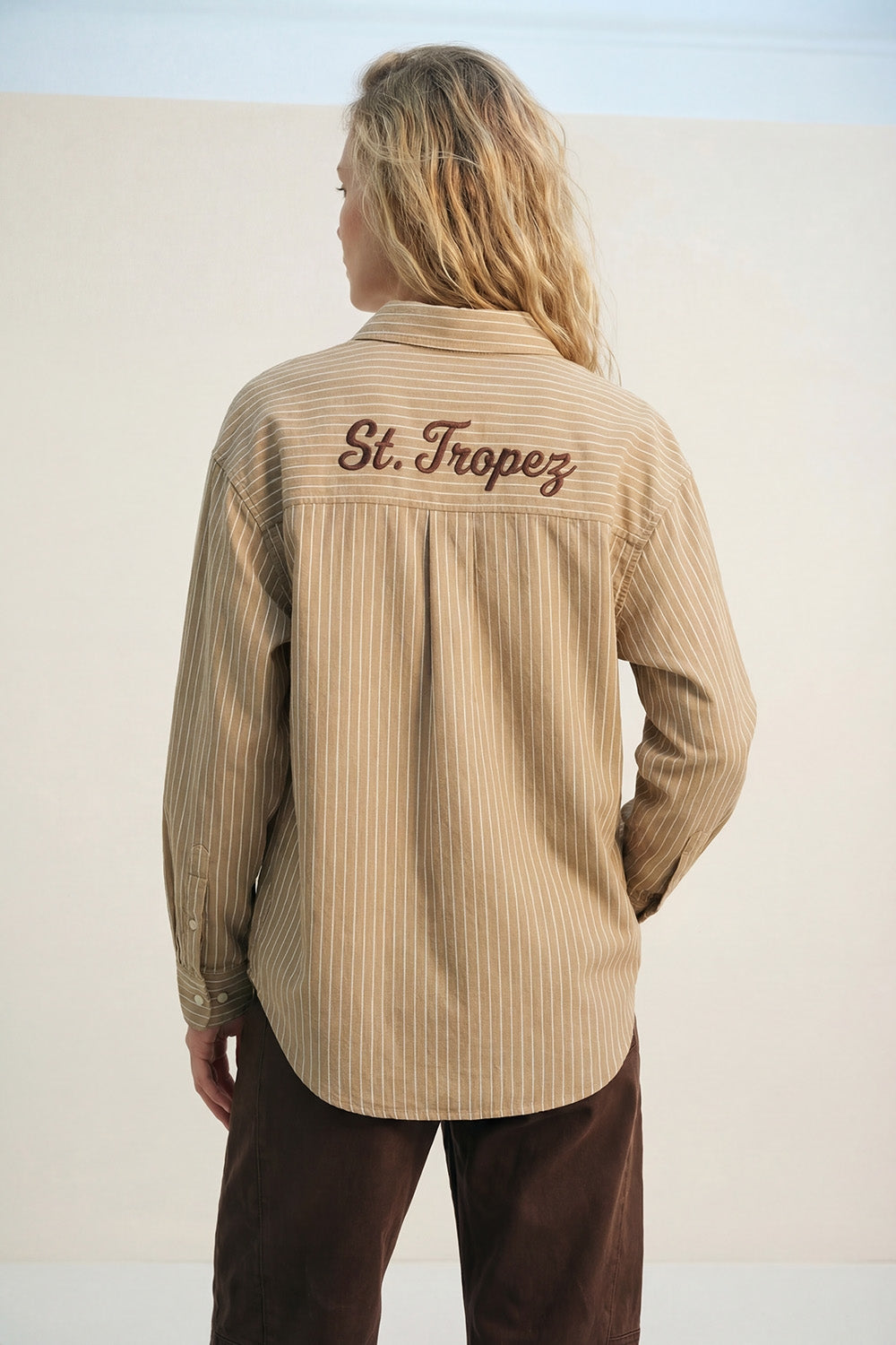 Striped Oxford beige Shirt with Front and Back Embroidered St. Tropez