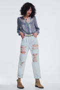 UNIKCOSA Super Ripped Boyfriend Jeans in Light Blue