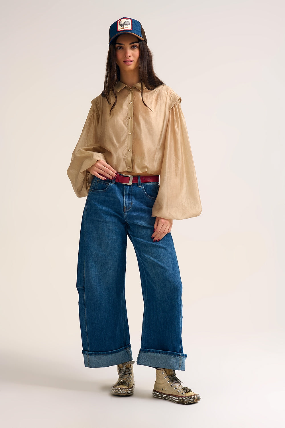 Tencel Silk Blouse with Balloon Sleeves and nacar Buttons