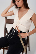 Q2 Tie front shirred detail volume sleeve crop top in cream