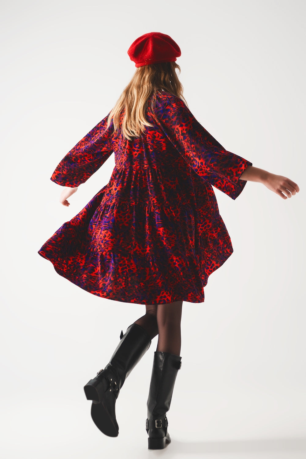 Tiered mini smock dress in animal print in red