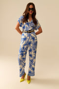 Q2 Tropical Motif Short Sleeve Jumpsuit in blue and white