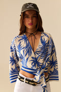 Q2 Tropical print wrap crop top in blue