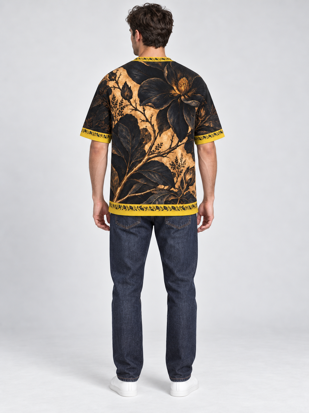 Noir Botanica oversized cotton T-shirt — back model styling illustration with indigo jeans; AI-generated