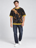 Noir Botanica oversized cotton T-shirt — campaign model styling illustration with indigo jeans; AI-generated