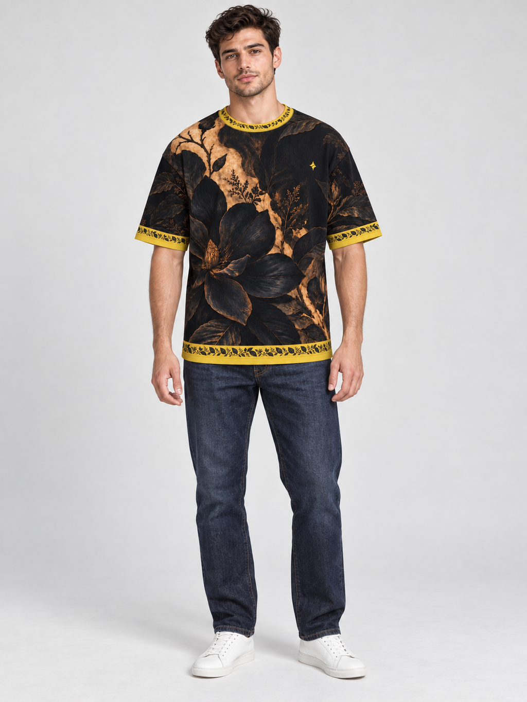 Noir Botanica oversized cotton T-shirt — front model styling illustration with indigo jeans; AI-generated