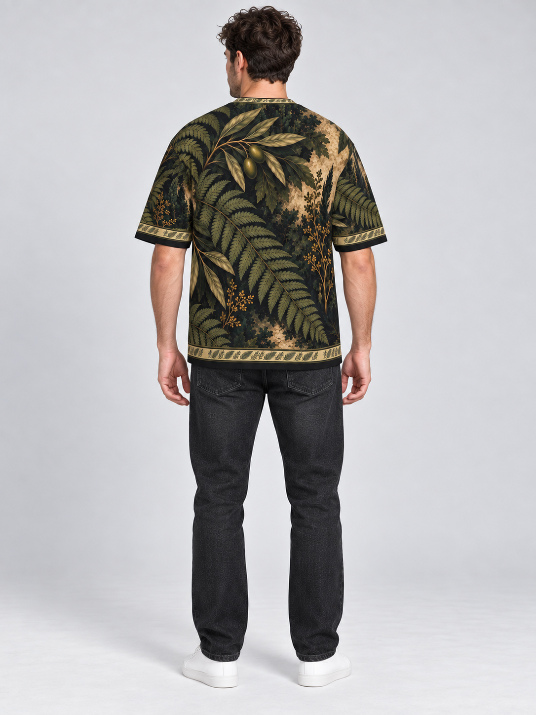 Olive Fern Atelier oversized cotton T-shirt — back on-model digital styling illustration with denim