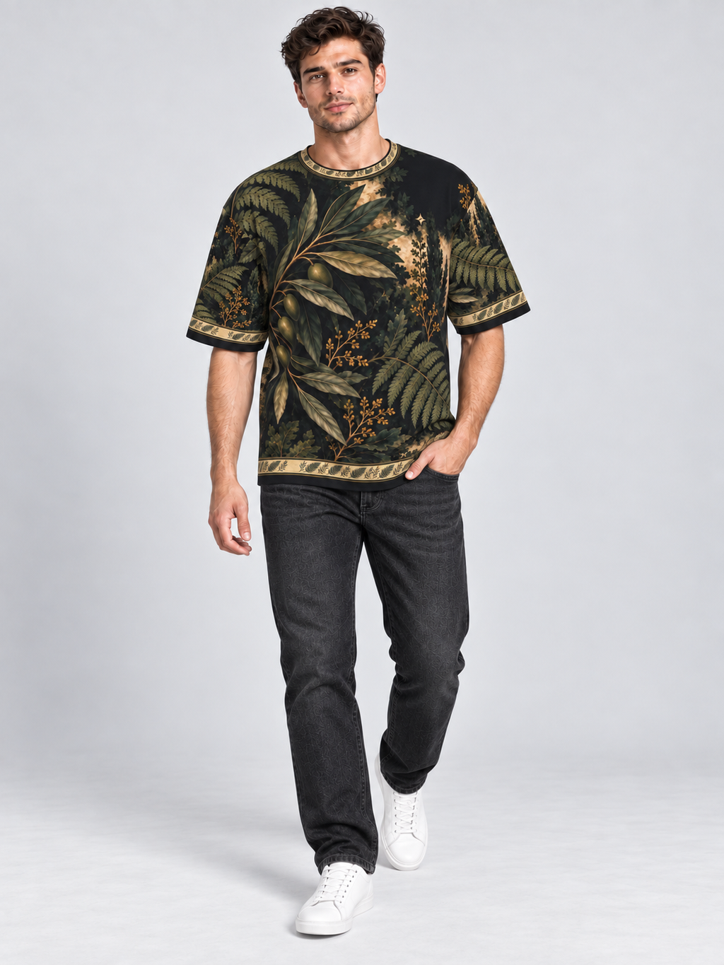 Olive Fern Atelier oversized cotton T-shirt — campaign on-model digital styling illustration with denim