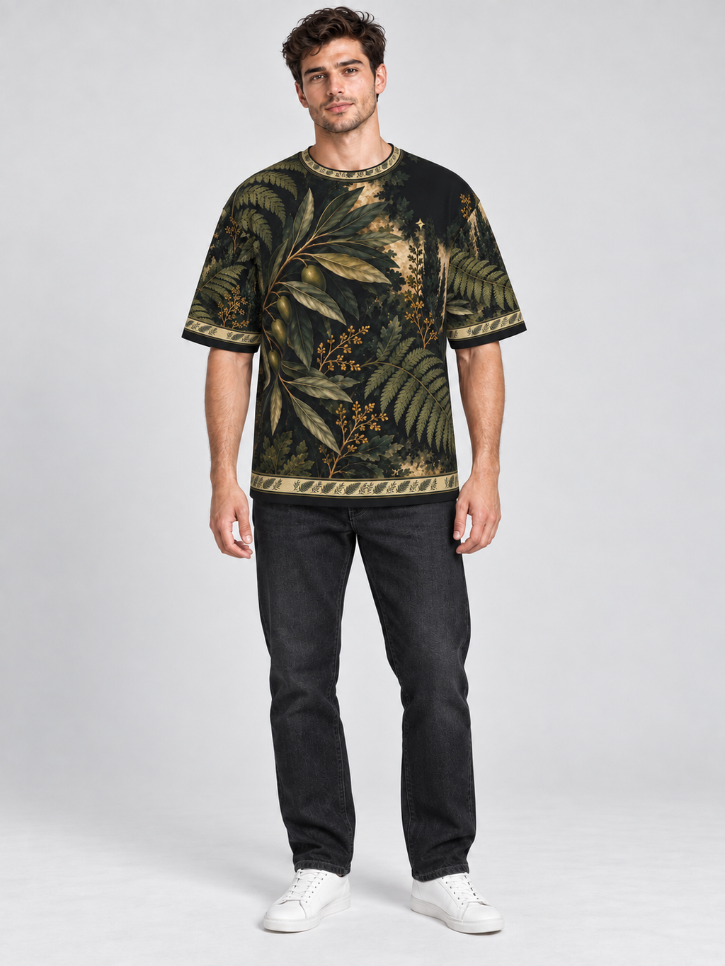 Olive Fern Atelier oversized cotton T-shirt — front on-model digital styling illustration with denim