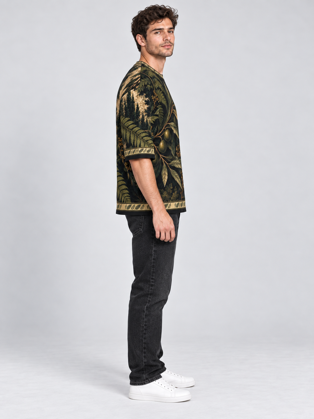 Olive Fern Atelier oversized cotton T-shirt — side on-model digital styling illustration with denim