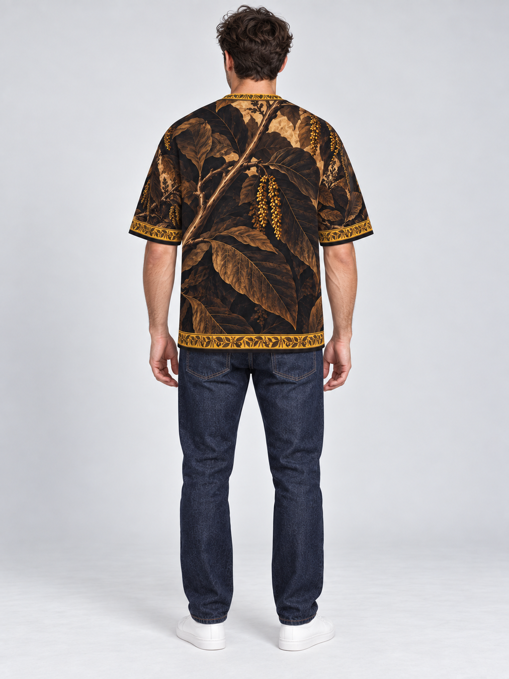 Bronze Walnut Grove oversized cotton T-shirt — back on-model digital styling illustration with denim