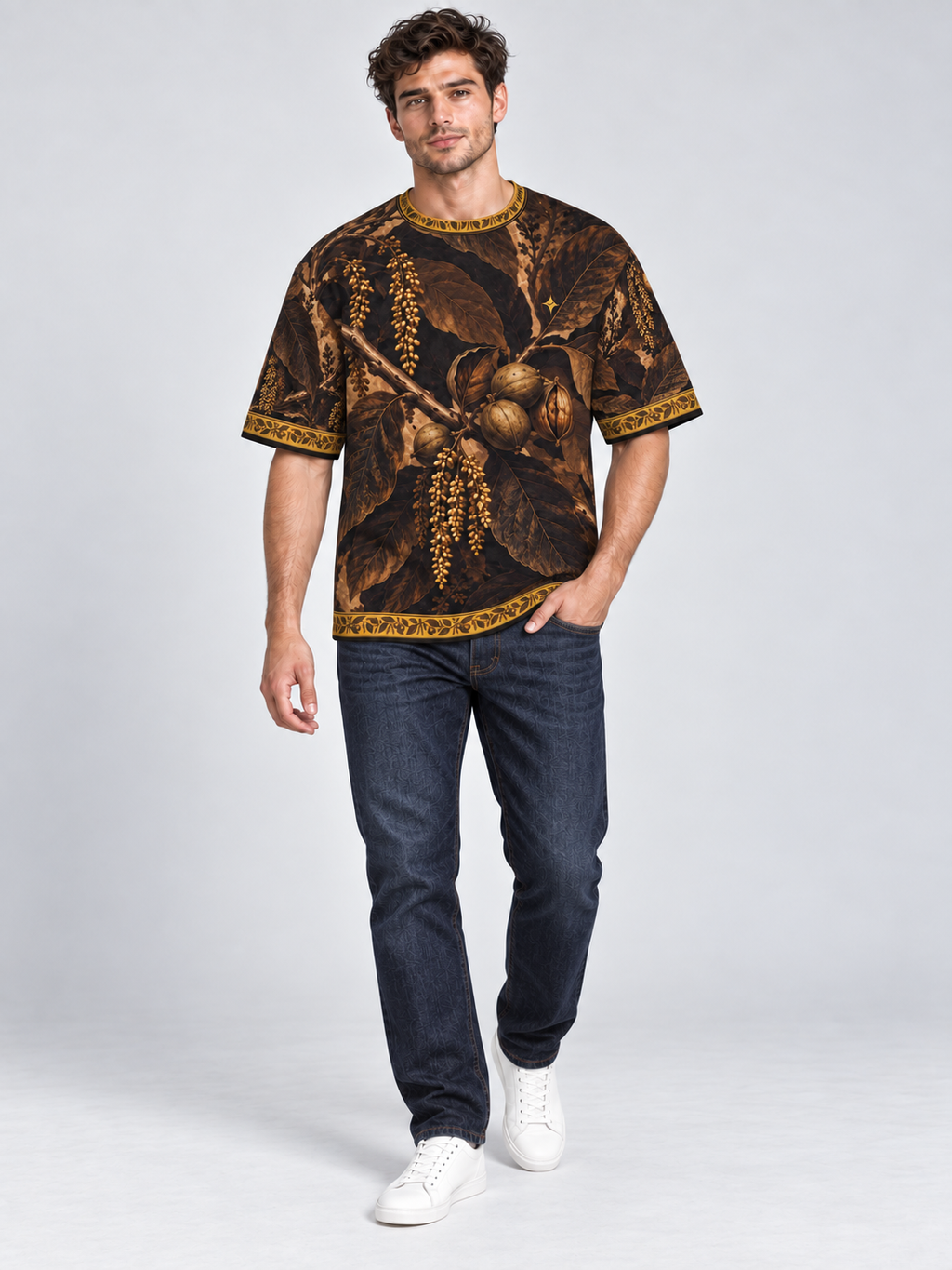 Bronze Walnut Grove oversized cotton T-shirt — campaign on-model digital styling illustration with denim