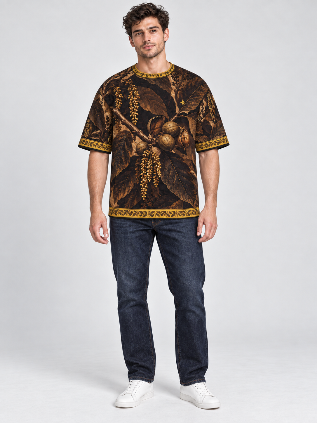 Bronze Walnut Grove oversized cotton T-shirt — front on-model digital styling illustration with denim