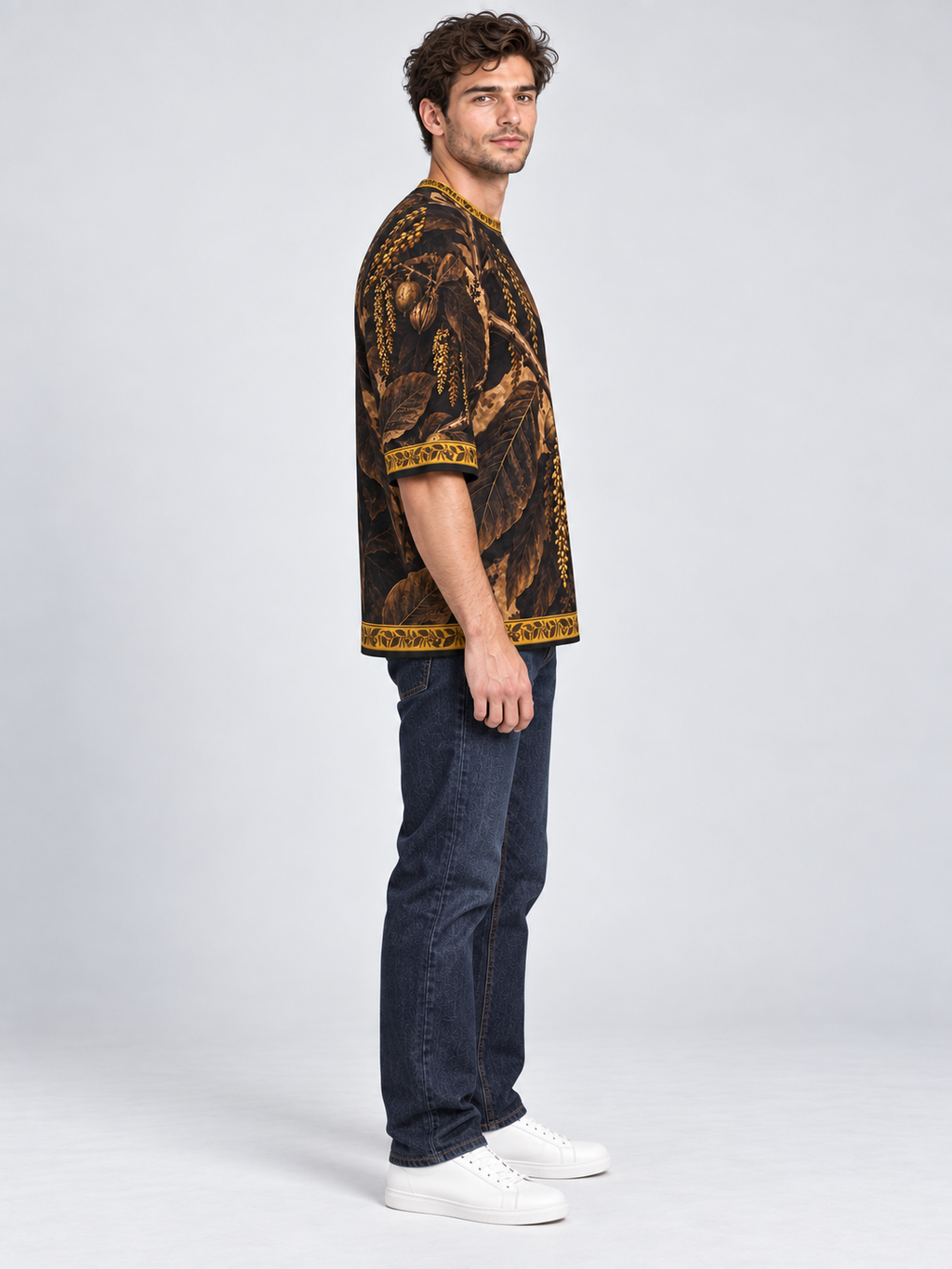 Bronze Walnut Grove oversized cotton T-shirt — side on-model digital styling illustration with denim