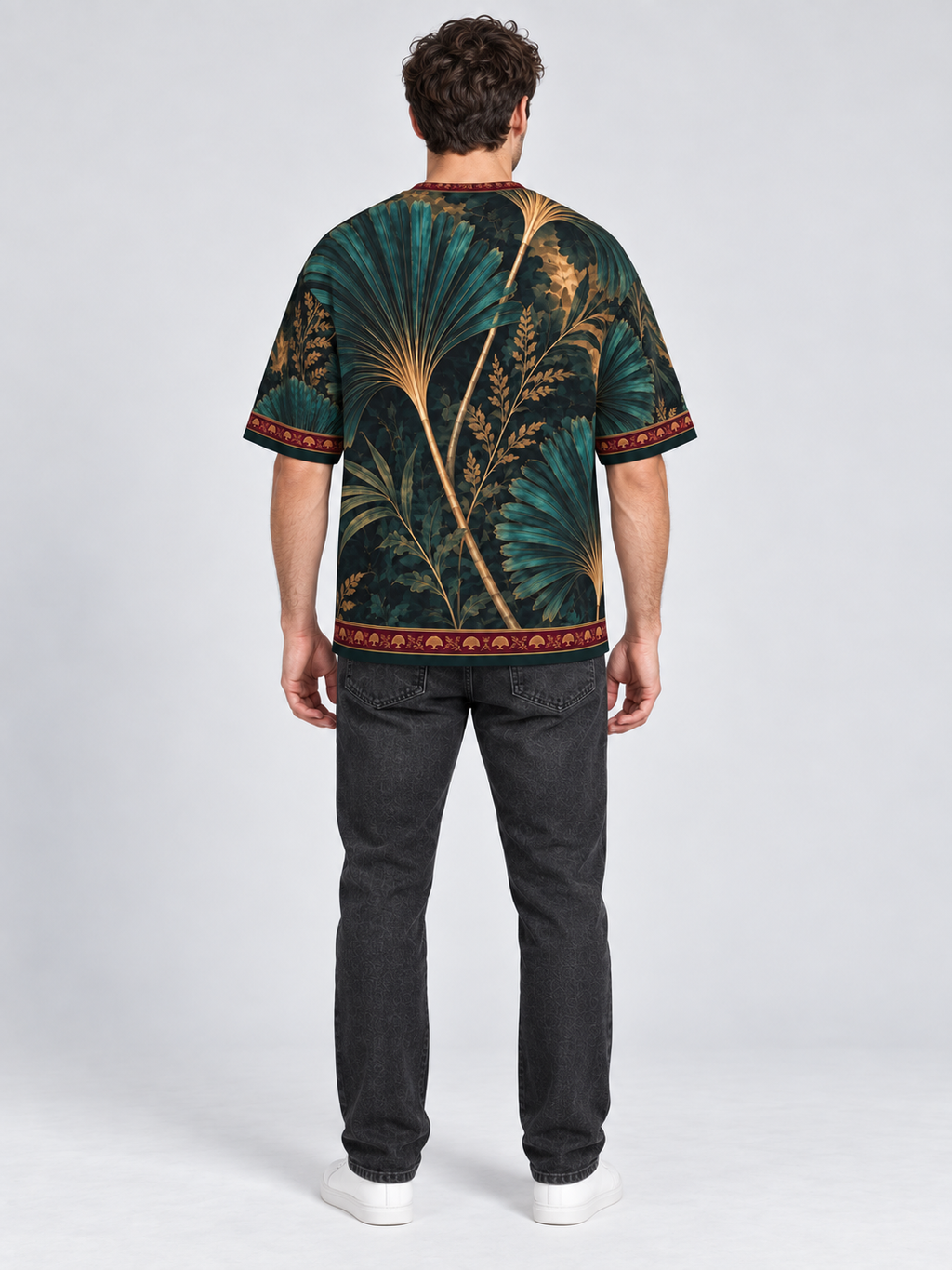 Teal Fan Reverie oversized cotton T-shirt — back on-model digital styling illustration with denim