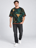 Teal Fan Reverie oversized cotton T-shirt — campaign on-model digital styling illustration with denim