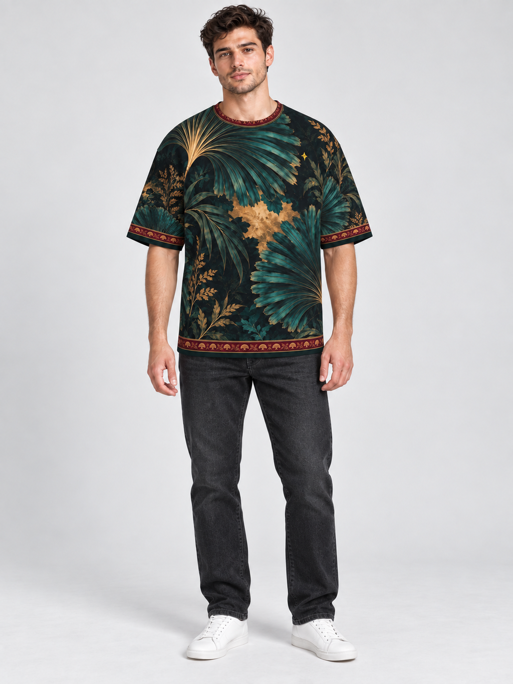 Teal Fan Reverie oversized cotton T-shirt — front on-model digital styling illustration with denim