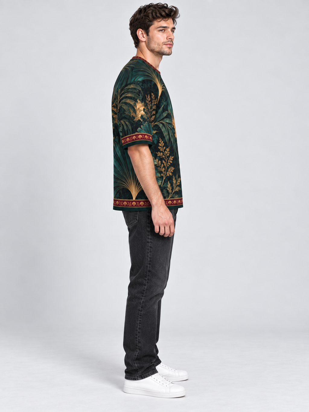 Teal Fan Reverie oversized cotton T-shirt — side on-model digital styling illustration with denim