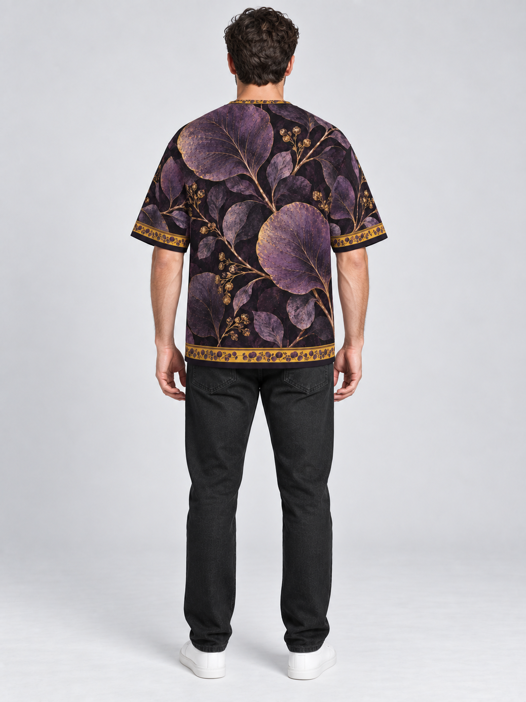 Amethyst Leaf Nocturne oversized cotton T-shirt — back on-model digital styling illustration with denim