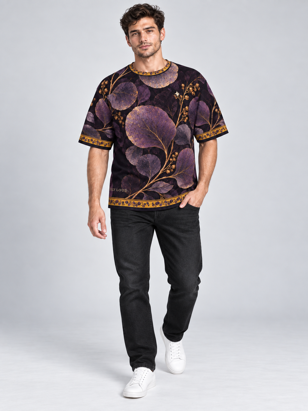Amethyst Leaf Nocturne oversized cotton T-shirt — campaign on-model digital styling illustration with denim
