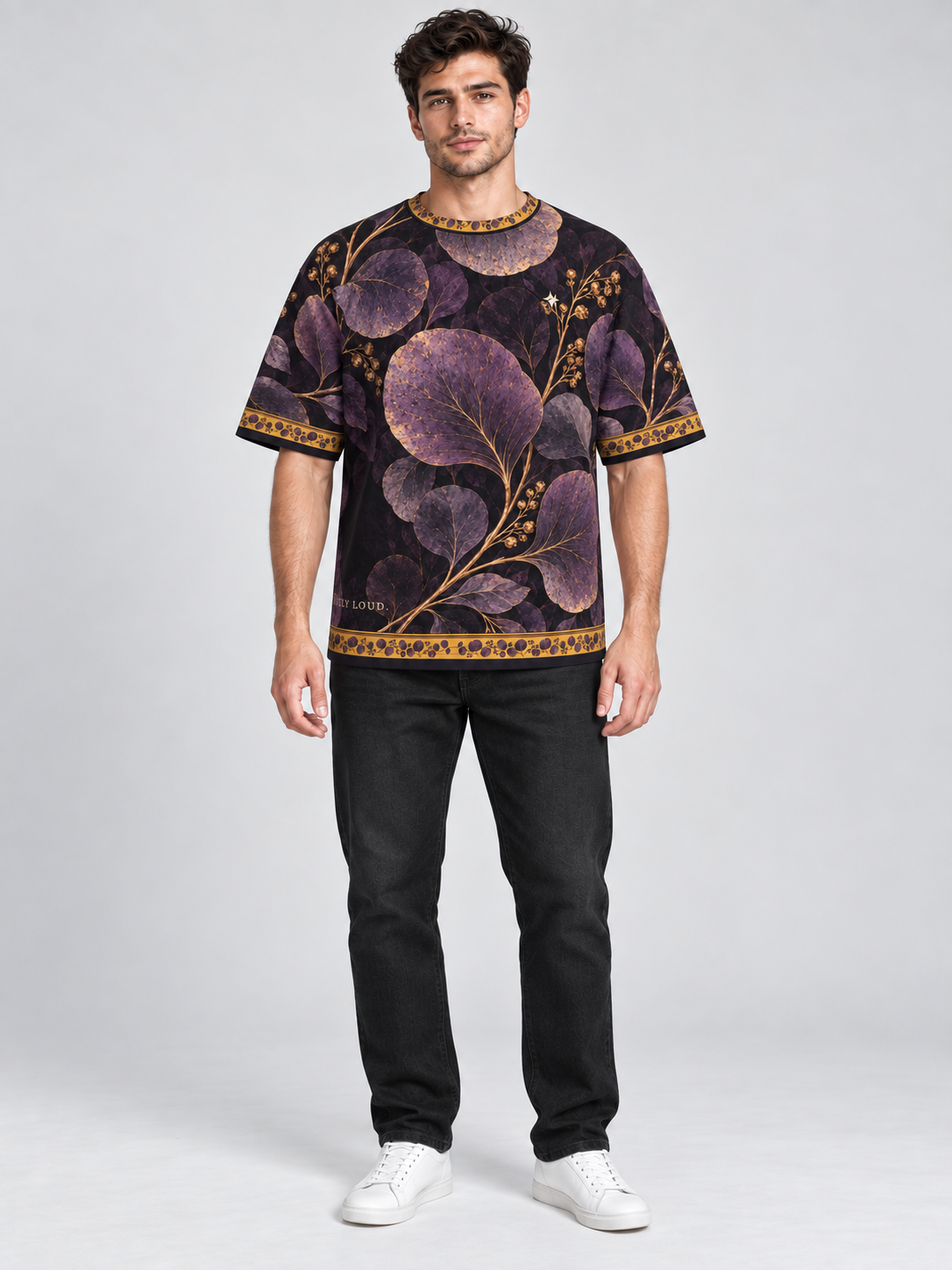 Amethyst Leaf Nocturne oversized cotton T-shirt — front on-model digital styling illustration with denim