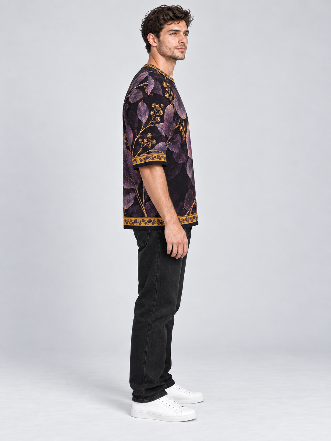 Amethyst Leaf Nocturne oversized cotton T-shirt — side on-model digital styling illustration with denim