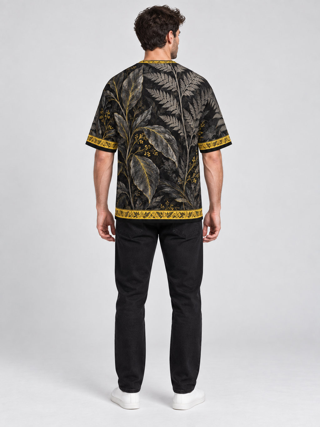 Graphite Fern Soul oversized cotton T-shirt — back on-model digital styling illustration with denim