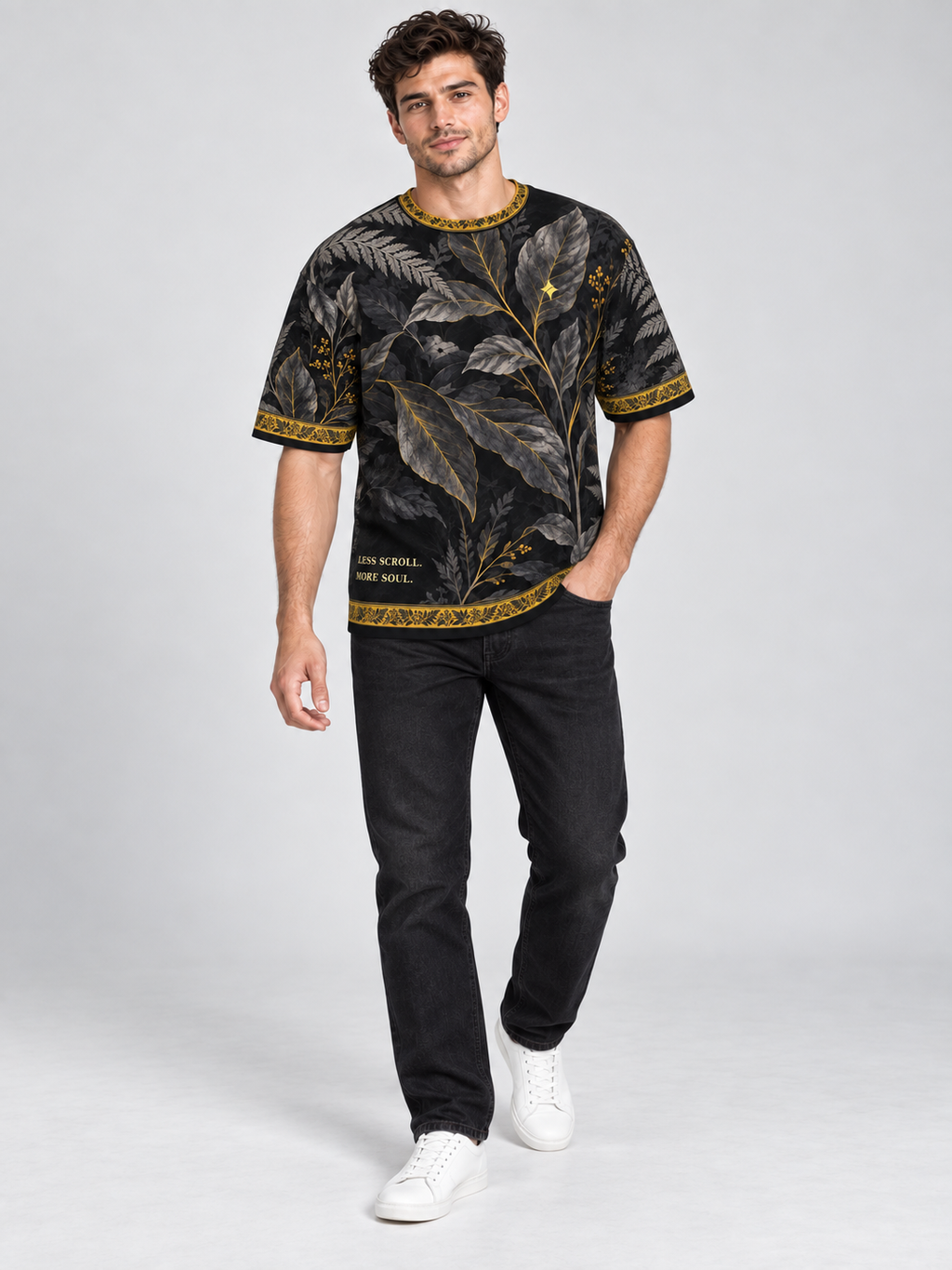 Graphite Fern Soul oversized cotton T-shirt — campaign on-model digital styling illustration with denim