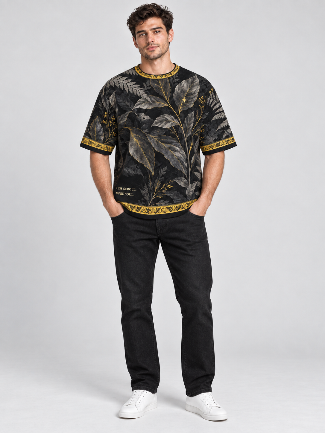 Graphite Fern Soul oversized cotton T-shirt — front on-model digital styling illustration with denim
