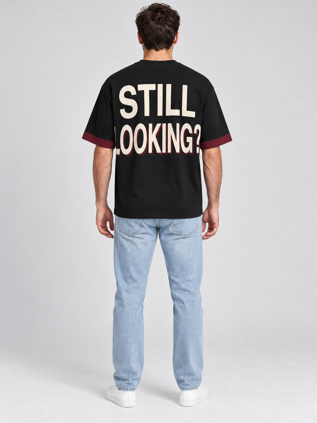 Not Your Type oversized cotton T-shirt — back on-model digital styling illustration with denim
