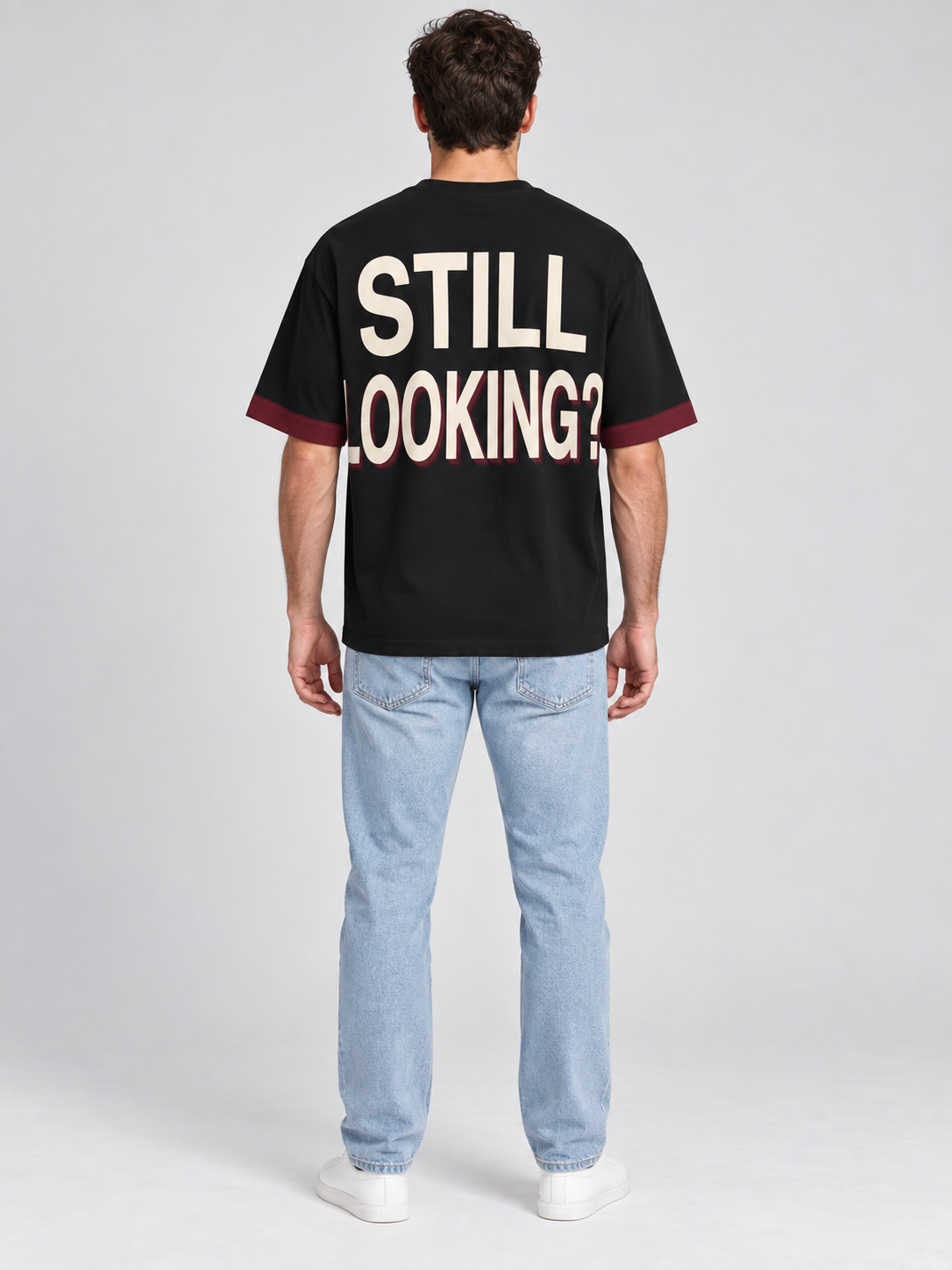 Not Your Type oversized cotton T-shirt — back on-model digital styling illustration with denim