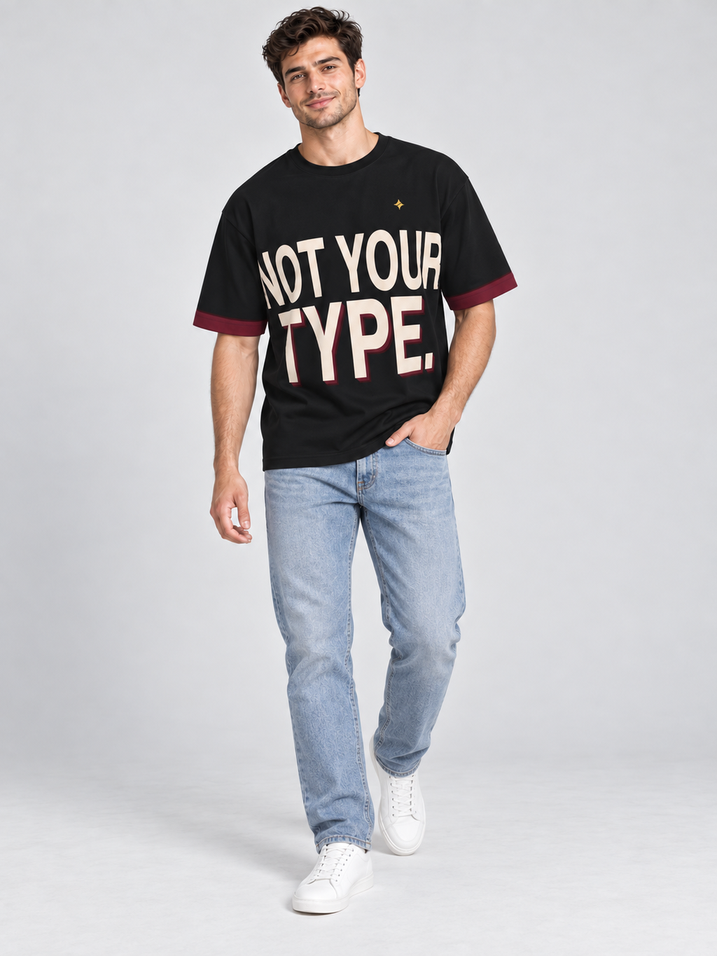 Not Your Type oversized cotton T-shirt — campaign on-model digital styling illustration with denim
