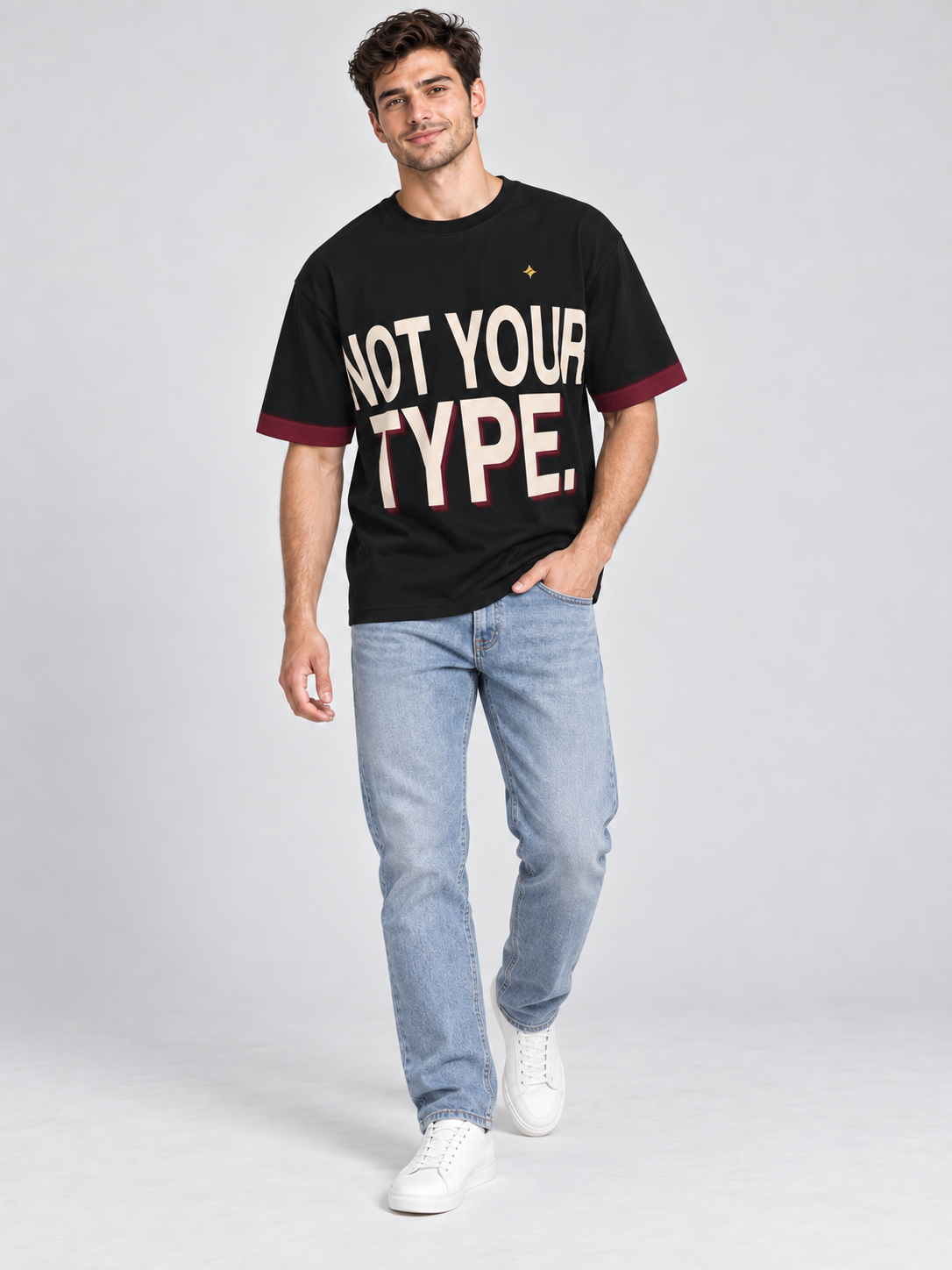 Not Your Type oversized cotton T-shirt — campaign on-model digital styling illustration with denim