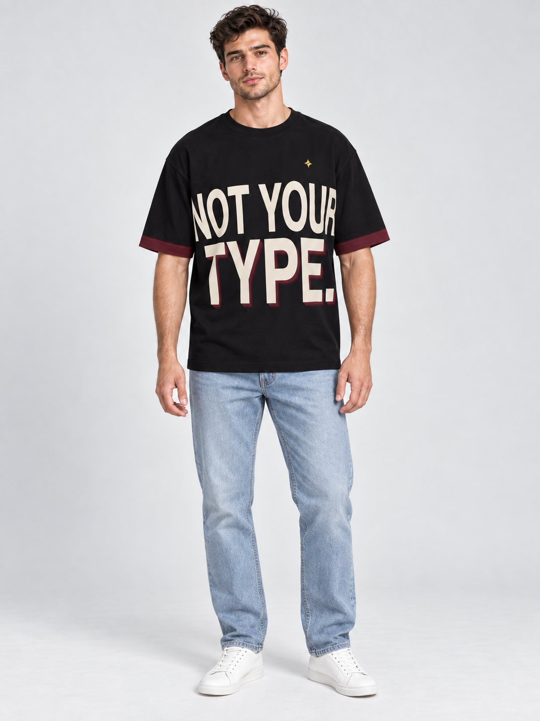 Not Your Type oversized cotton T-shirt — front on-model digital styling illustration with denim