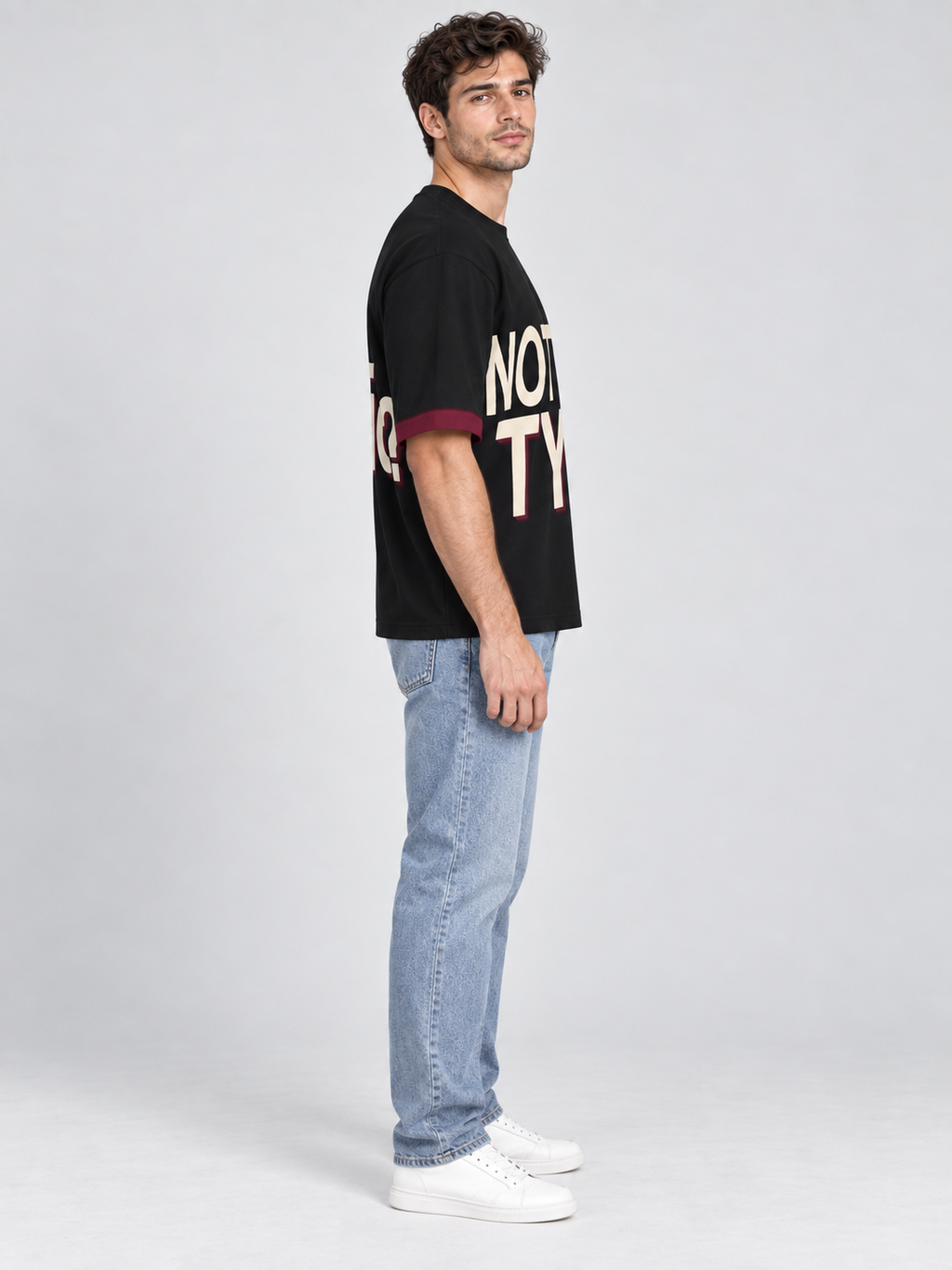 Not Your Type oversized cotton T-shirt — side on-model digital styling illustration with denim