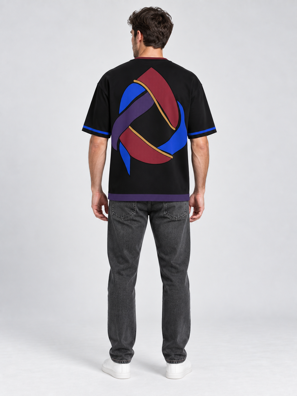 Loose Ends Atelier oversized cotton T-shirt — back on-model digital styling illustration with denim