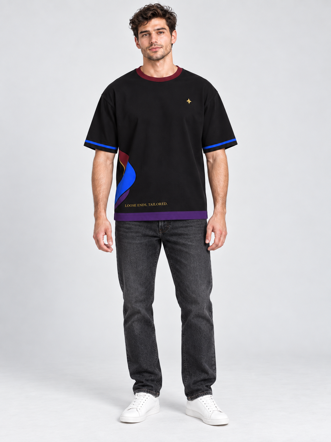 Loose Ends Atelier oversized cotton T-shirt — front on-model digital styling illustration with denim