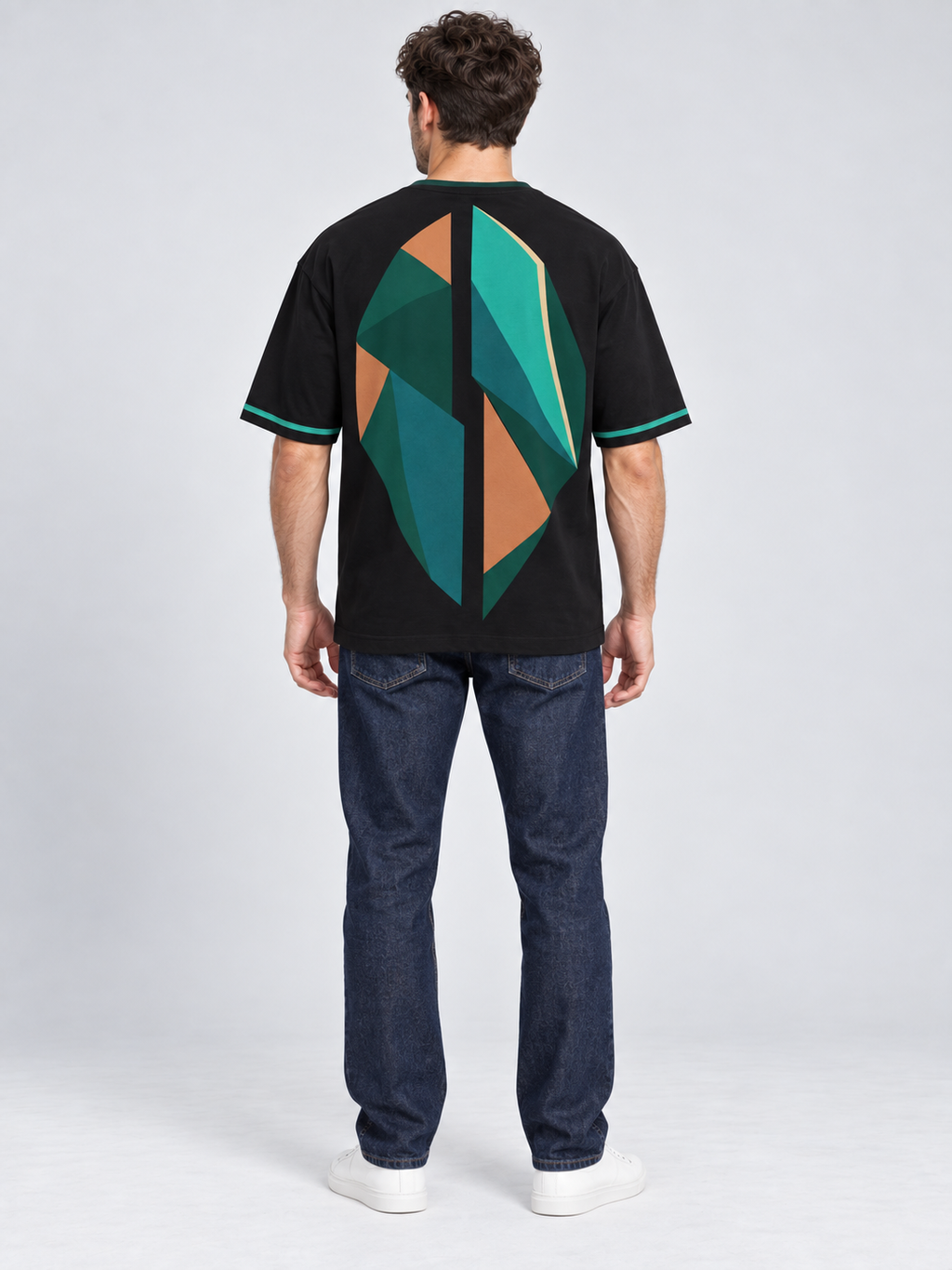Emerald Offset oversized cotton T-shirt — back on-model digital styling illustration with denim