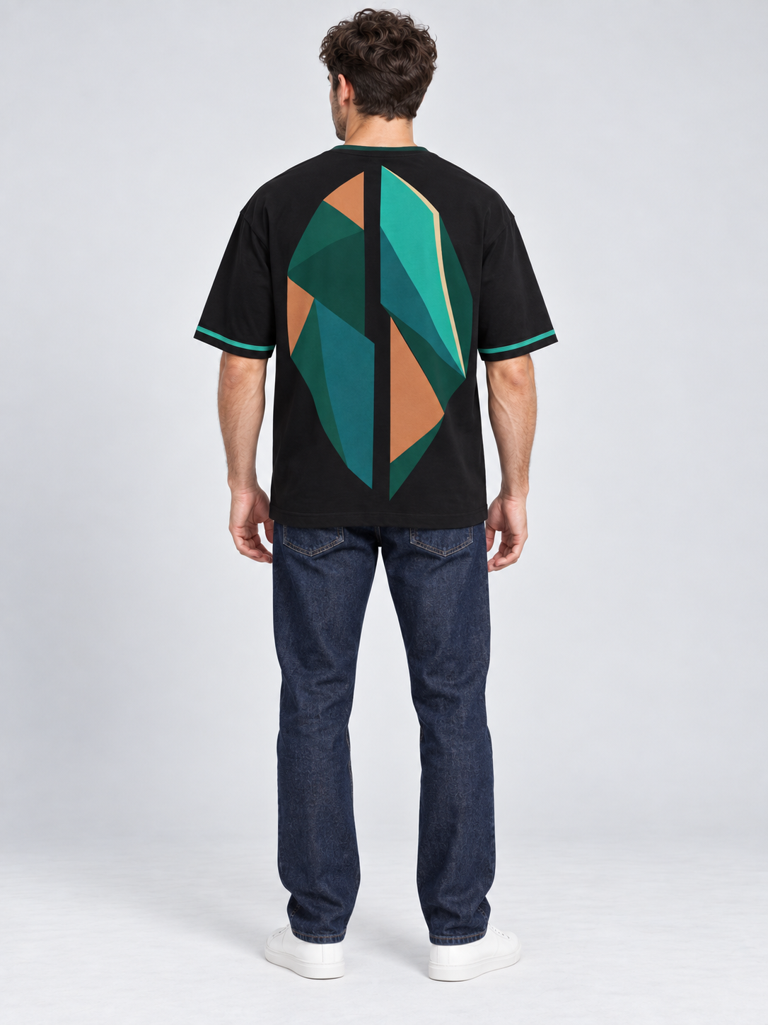 Emerald Offset oversized cotton T-shirt — back on-model digital styling illustration with denim