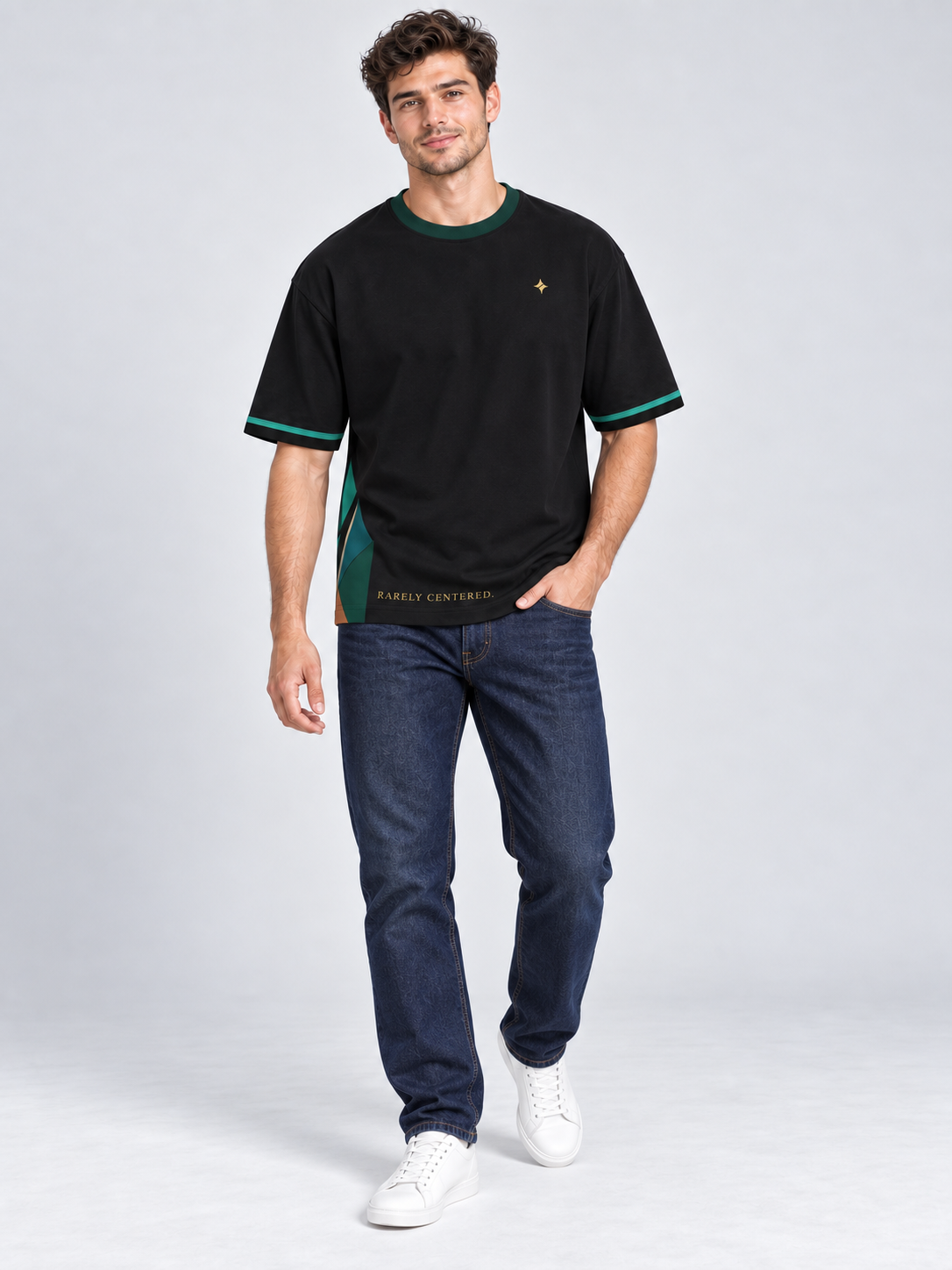 Emerald Offset oversized cotton T-shirt — campaign on-model digital styling illustration with denim