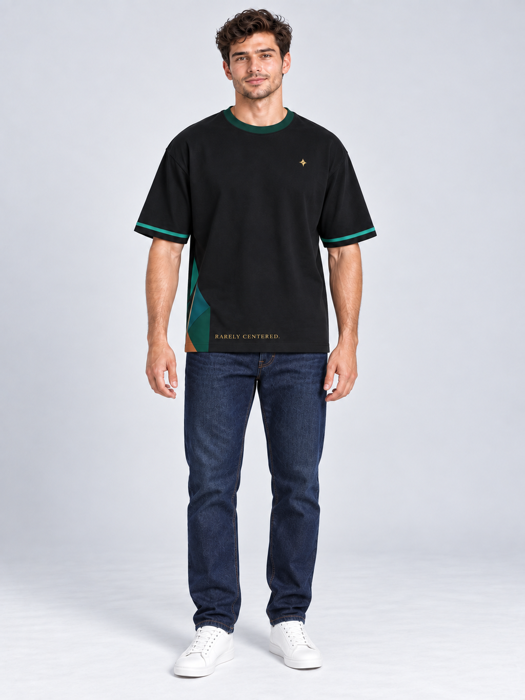 Emerald Offset oversized cotton T-shirt — front on-model digital styling illustration with denim