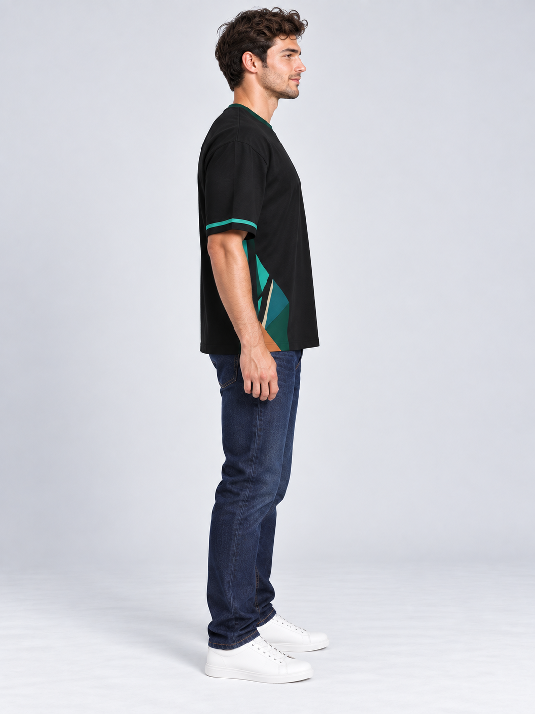 Emerald Offset oversized cotton T-shirt — side on-model digital styling illustration with denim