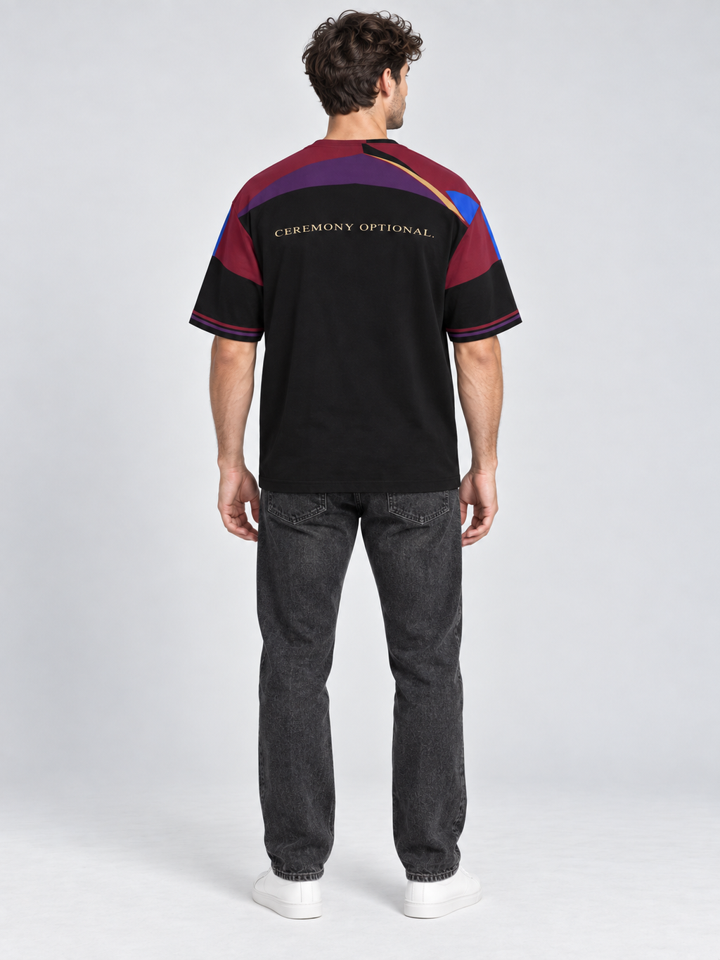 Ceremony Optional oversized cotton T-shirt — back on-model digital styling illustration with denim