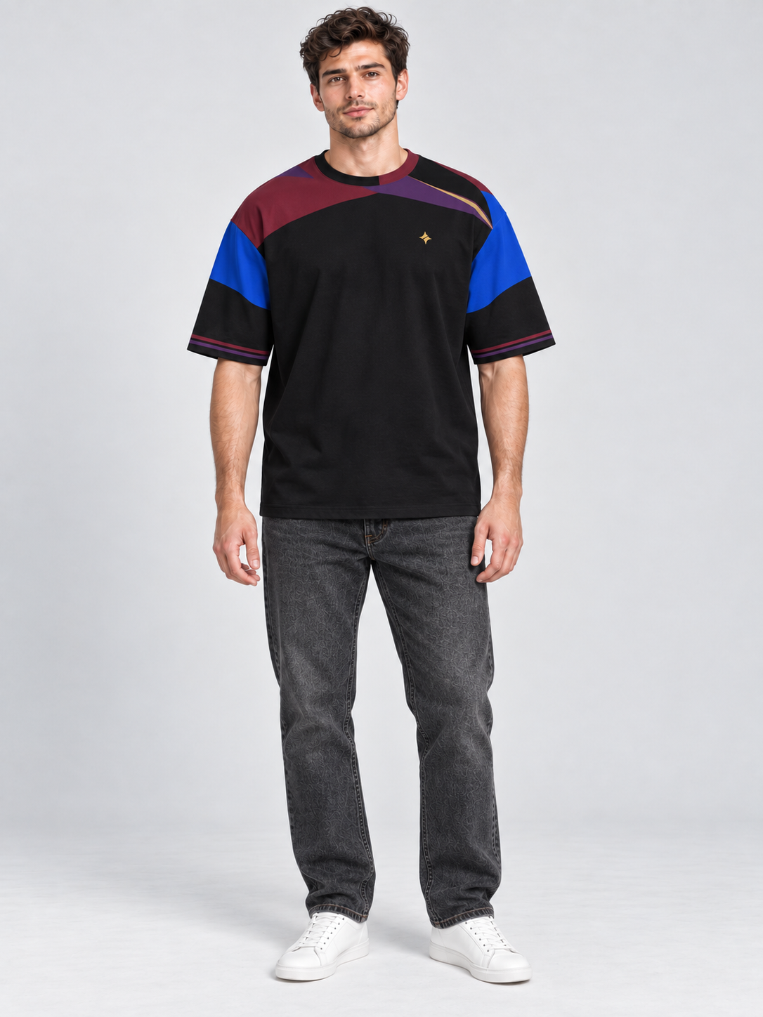 Ceremony Optional oversized cotton T-shirt — front on-model digital styling illustration with denim