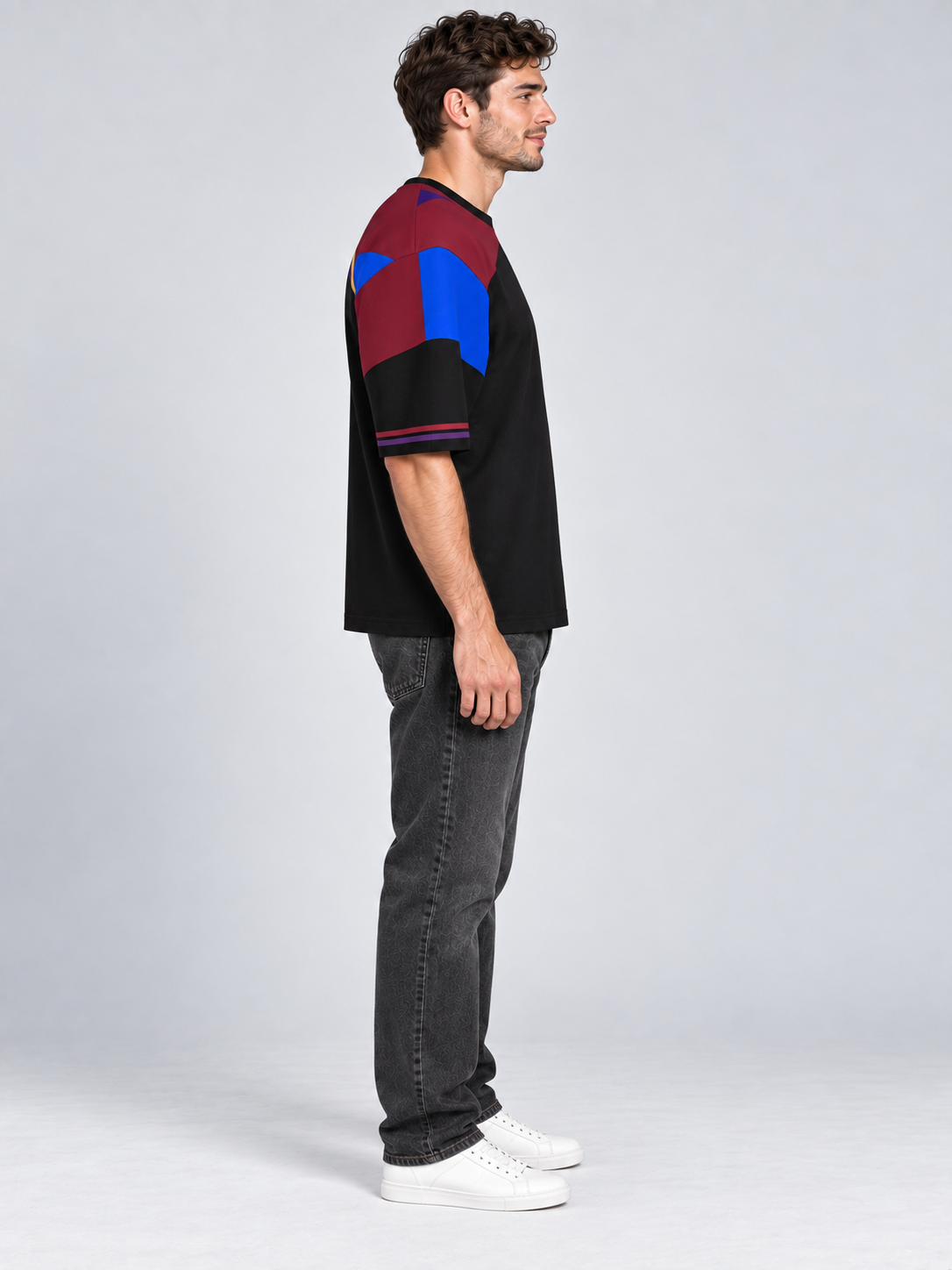 Ceremony Optional oversized cotton T-shirt — side on-model digital styling illustration with denim