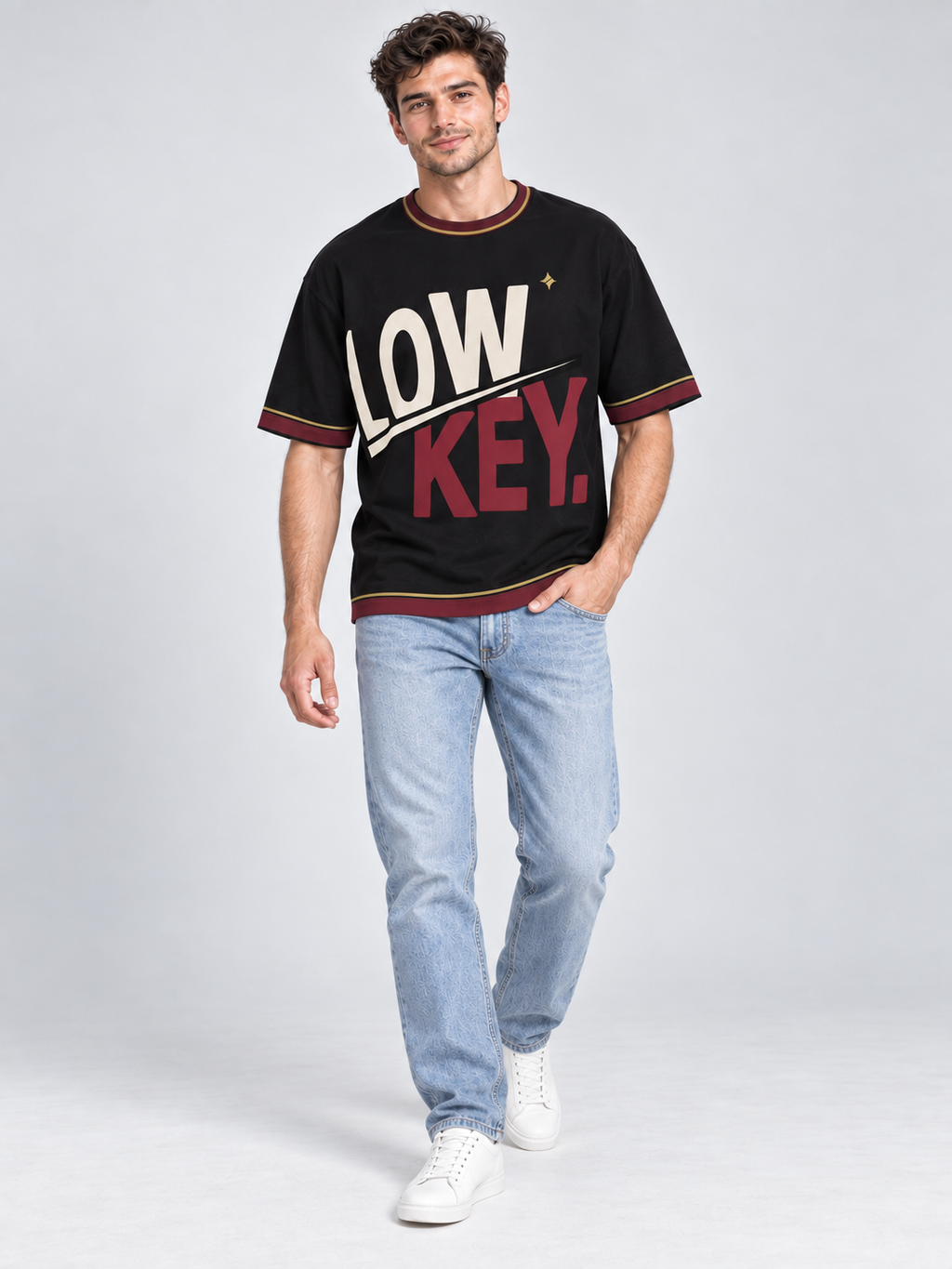 Low Key High Standard oversized cotton T-shirt — campaign on-model digital styling illustration with denim